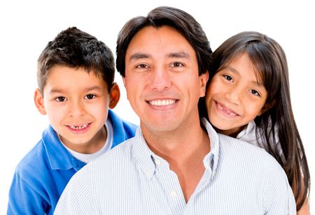 Happy father with his two kids smiling - isolated over white background 