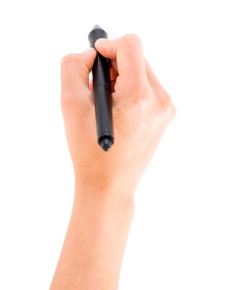 Close up of a hand holding a pen and writing - isolated over white background 
