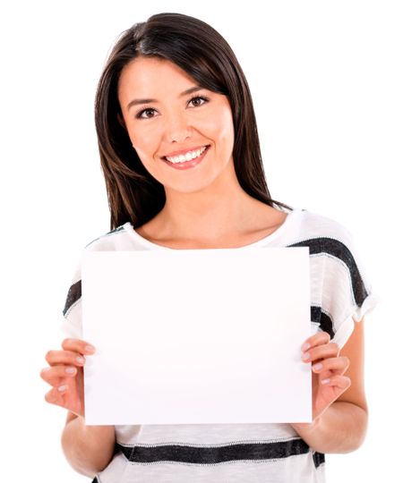Happy woman holding a banner - isolated over white background 