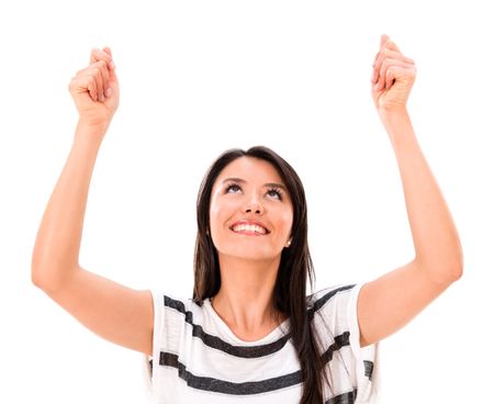 Woman holding up an imaginary object to edit - isolated over white 