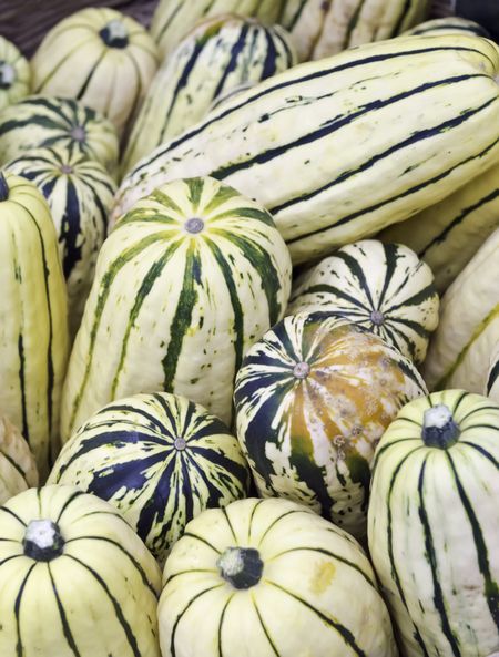 Delicata squash (binomial name: Cucurbita pepo var. pepo "Delicata"), also known as peanut squash and sweet potato squash, at farmer's market in Oregon (shallow depth of field)