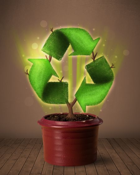 Shining recycle sign growing out of flowerpot concept