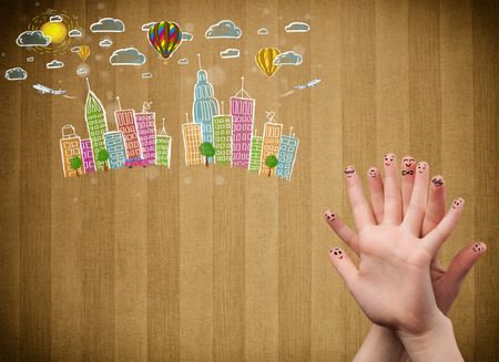 Happy cheerful smiley fingers looking at colorful handrawn cityscape