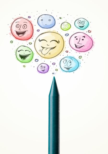 Coloured smiley face bubbles coming out of crayon