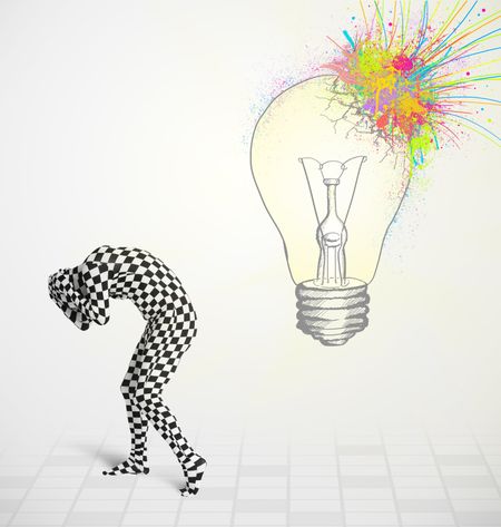 3d human character is body suit morphsuit looking at abstract colorful lightbulb