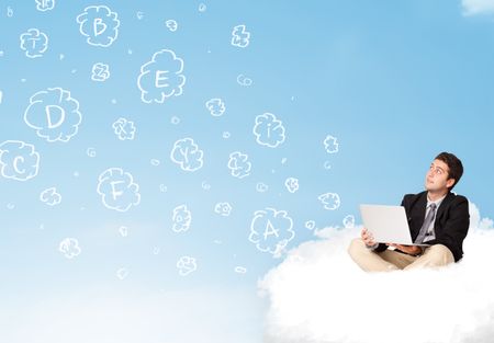 Young businessman sitting in cloud with laptop, letters concept