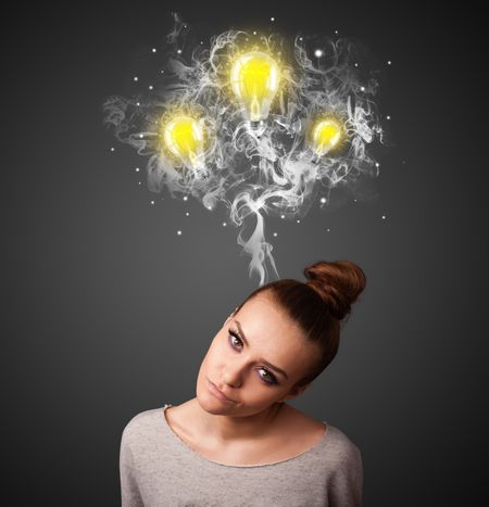 Pretty young woman with smoke and lightbulbs above her head