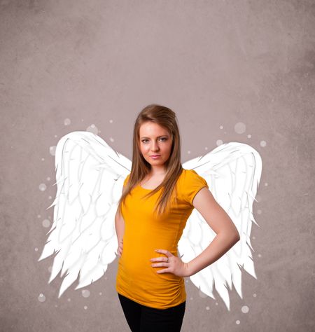 Cute person with angel illustrated wings on grungy background
