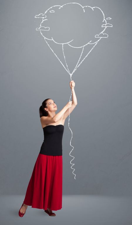Pretty young lady holding a cloud balloon drawing