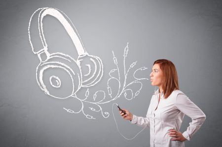 young woman singing and listening to music with abstract headphone getting out of her mouth