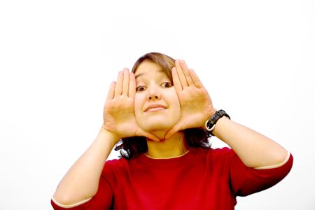 Casual Girl in red with open hands next to face