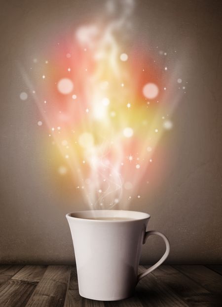 Coffee mug with abstract steam and colorful lights, close up