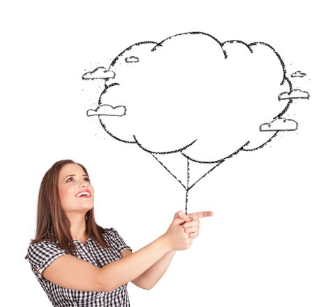 Pretty young lady holding cloud balloon drawing