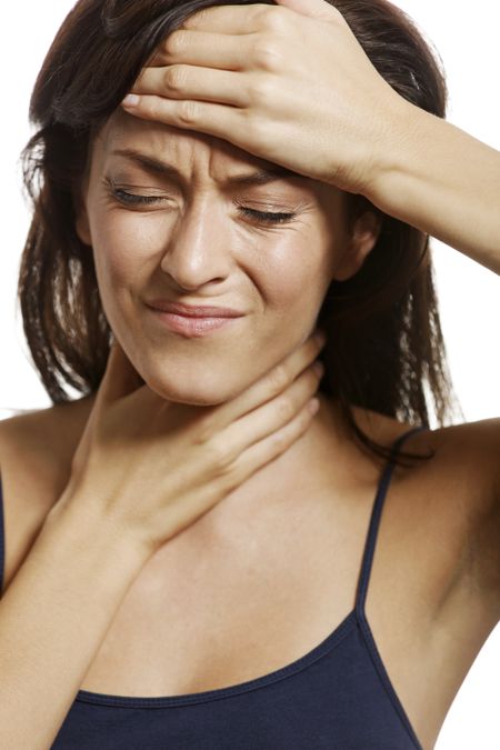 Woman with headache and saw throat.