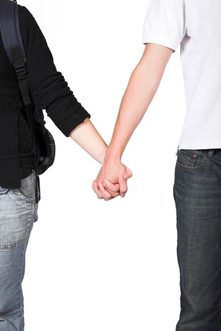 students holding hands over a white background