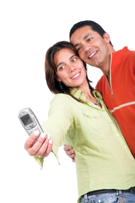 casual couple taking a photo of themselves with a mobile phone
