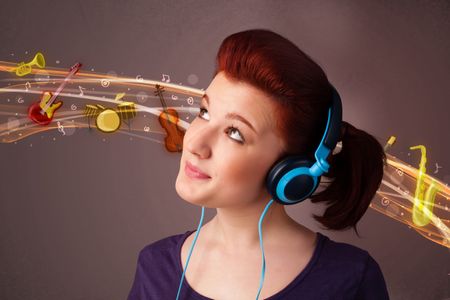 Pretty young woman listening to music, instruments concept