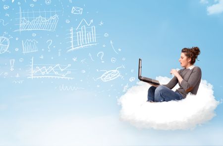 Pretty young woman sitting in cloud with laptop, charts concept