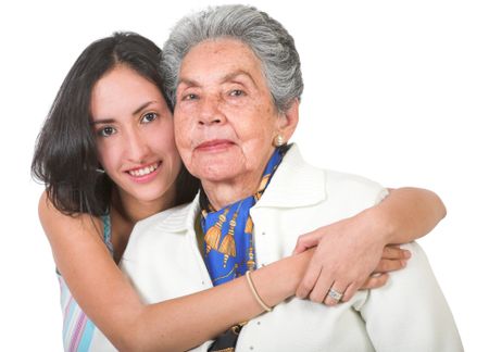 grandmother and her grandchild over a white background