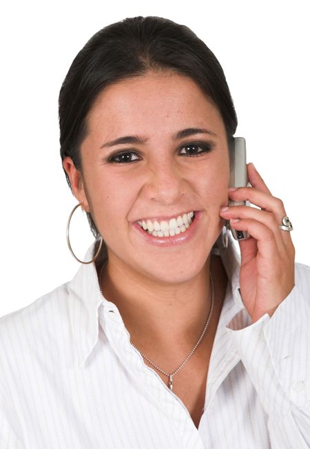 happy business woman on the phone over white