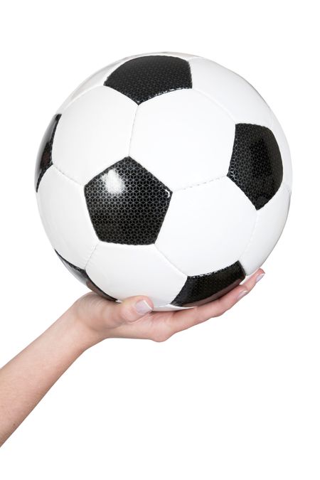 female hand holding a soccer ball over a white background