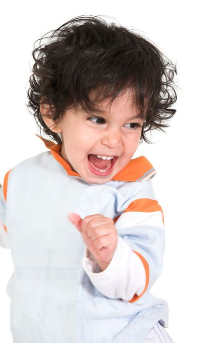 cute little kid laughing in the air over a white background