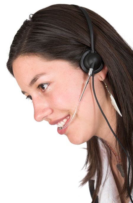 beautiful customer support girl over white