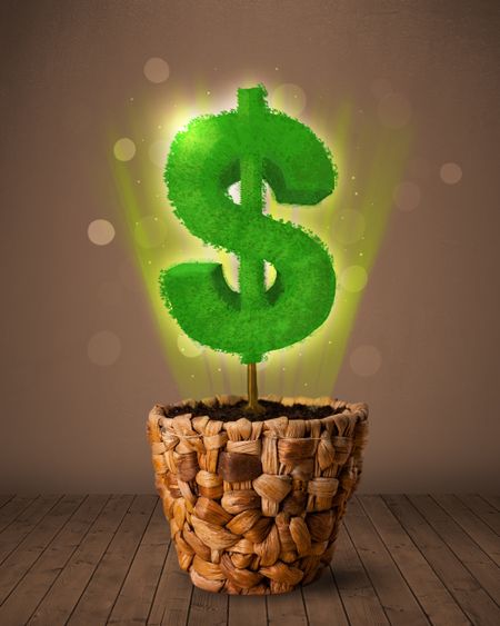 Shining dollar sign tree coming out of flowerpot