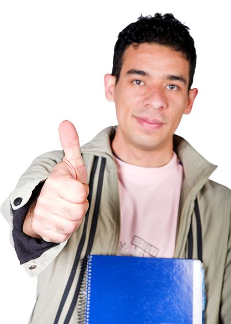 casual student with thumbs up over white, focus on thumb