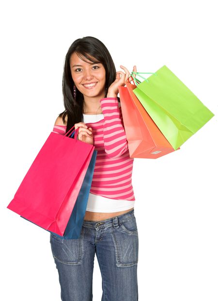 girl with shopping bags in pink over white