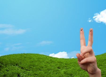 Cheerful happy smiling fingers with landscape scenery at the background