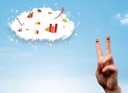 Happy finger smiley faces on hand with graph cloud icons in the sky