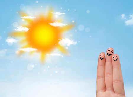 Cheerful happy smiling fingers with bright sun and clouds illustration