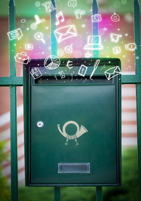 Colorful modern icons and symbols bursting out of a mailbox