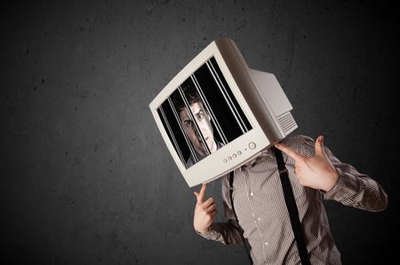 Business man with monitor screen on his head traped into a digital system concept