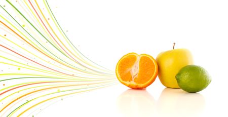 Healthy tropical fruits with colorful abstract lines on white background