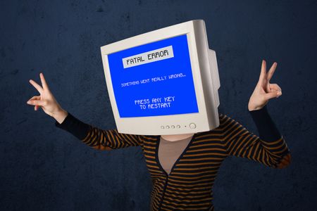 Person with a monitor head and fatal error blue screen on the display