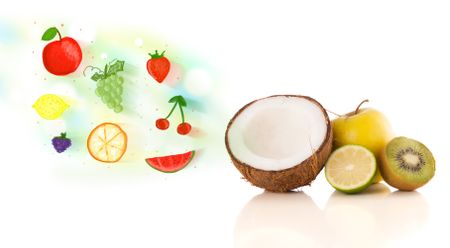 Colorful fruits with hand drawn illustrated fruits on white background