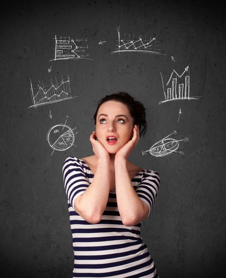 Thoughtful young woman with drawn charts circulating around her head