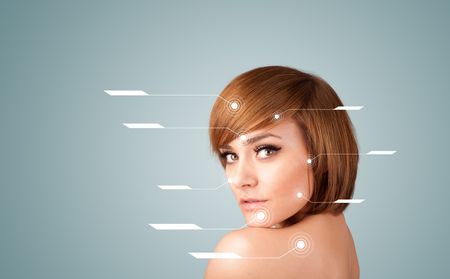 Young sexy girl with facial treatment modern arrows on gradient background