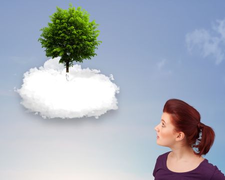 Young girl pointing at a green tree on top of a white cloud concept