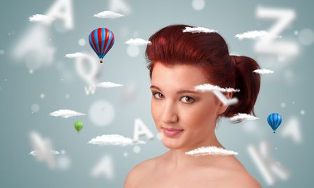 Beautiful young woman with wellness and healthcare clouds on gradient background