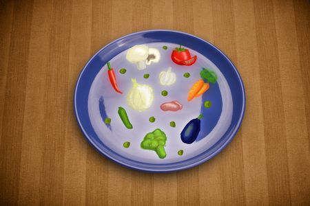 Colorful plate with hand drawn icons, symbols, vegetables and fruits on grungy background