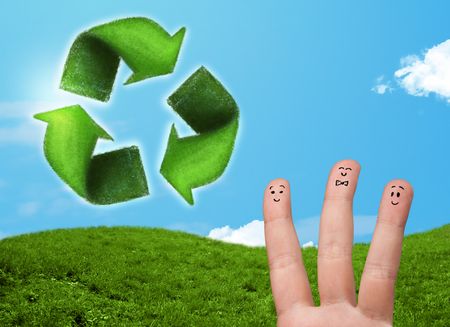Happy cheerful smile fingers looking at green leaf recycle sign