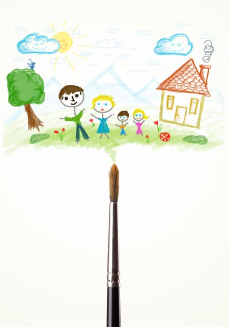 Paintbrush close-up with a paint drawing of a family
