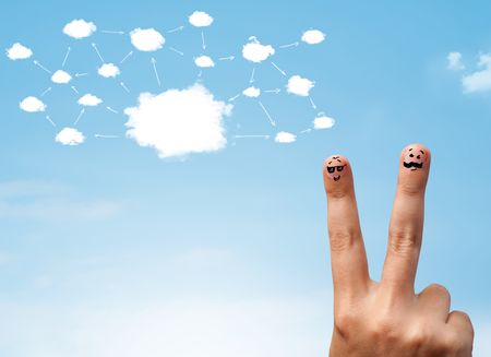 finger smile faces on hand with cloud network system