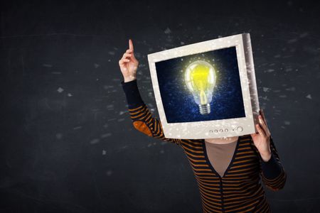 Woman with monitor screen and blue cloud computing on the screen