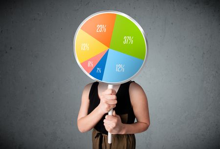 Young lady holding a colorful pie chart in front of her head