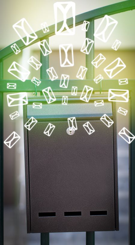 Mailbox with letter icons exploding on glowing green background