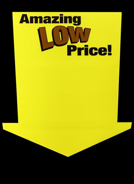 Arrow sign, isolated on black, to grab attention of shoppers, with copy space inside the arrow and beneath it